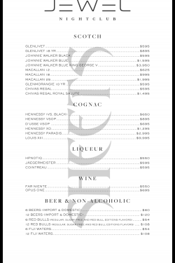 Jewel Nightclub bottle menu 2